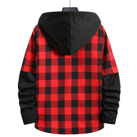 Men's Fashionable Plaid Patchwork Hooded Casual Shirt