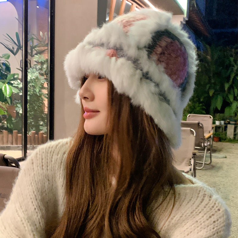 Handmade Knitted Woolen Warm Furry Hat Showing Face Small Bucket Cap