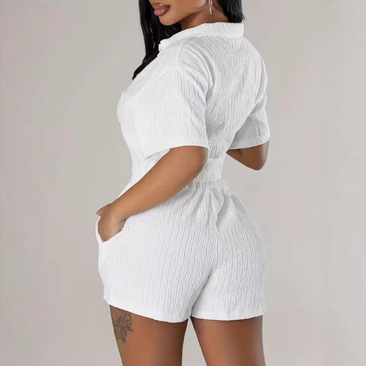 Fashionable Casual Short-Sleeve Shirt Set Single-Breasted Solid Color Pleated Two-Piece Suit