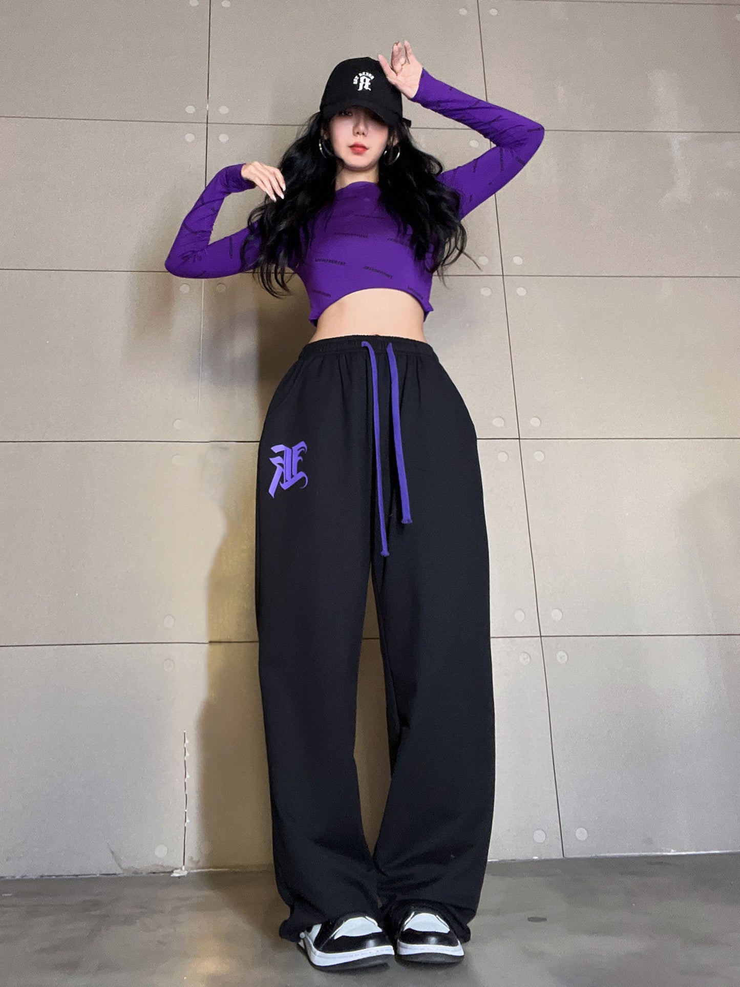 Women's Black Purple Drawstring Printed Jazz Sweatpants