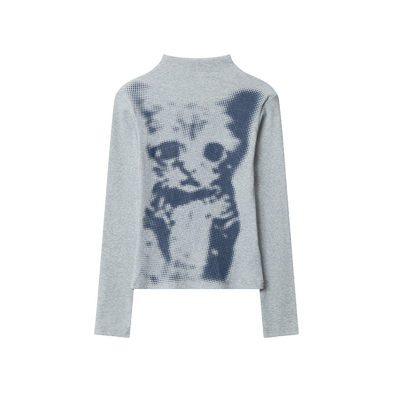 Chessboard Plaid Cat Printing Top Women's Long Sleeve