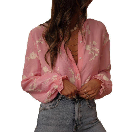 Long Sleeve Printed Top Lapel Lantern Sleeve Shirt