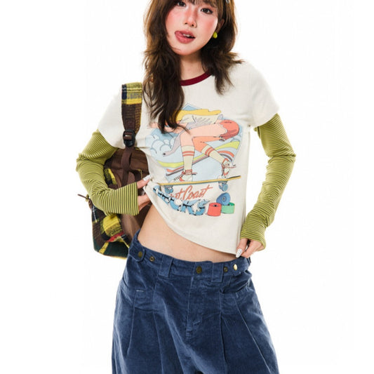 Cartoon-print Faux Two-piece Long-sleeve Top