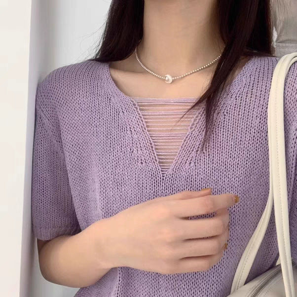 Fashionable Candy Color Gentle Hollow Out V-neck Short Sleeve