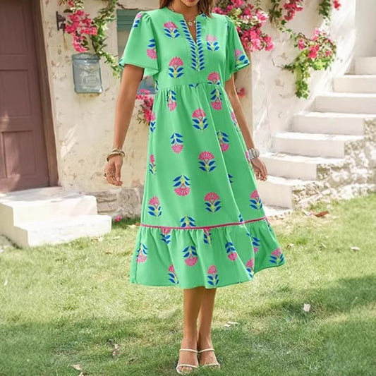 V-neck Loose-fitting Fashionable Floral-print Elegant Short-sleeve Dress