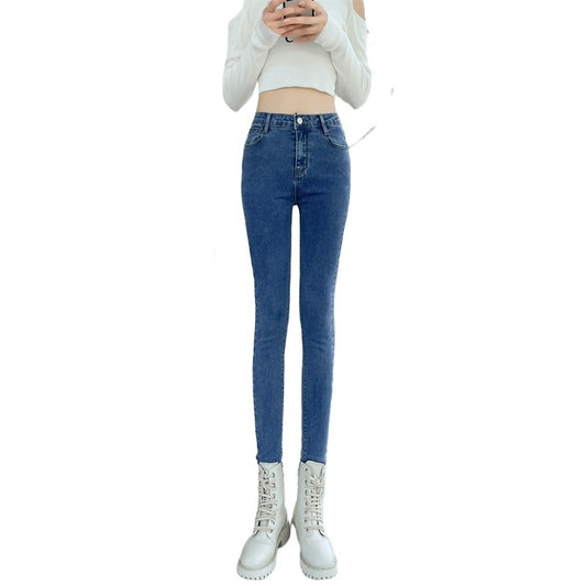 Mørkeblå Jeans til Kvinder Høj Talje Forår Stretch Slankende Skinny Tætsiddende Fleece