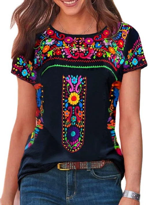 Dame Bohemian Print Rund Hals Kortærmet T-shirt Top