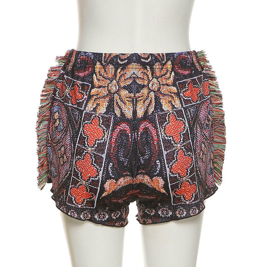 Printed Tassel Bag Hip Ethnic Style Tweed Casual Shorts