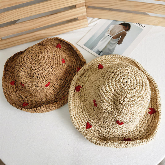 Women's Red Little Heart Braided Sunshade Straw Hat