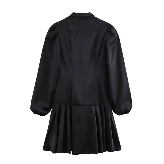 Sweet Satin Dress V-neck Fitted Waist Pleated Skirt
