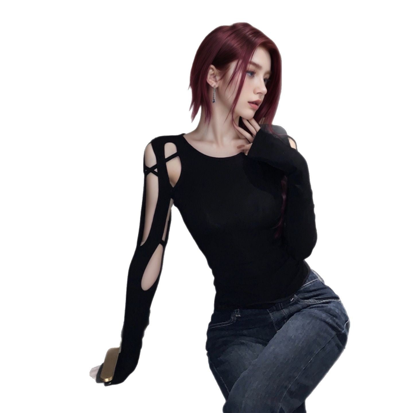 Long-sleeved Off-shoulder Cropped Hollow-out Women's Black T-shirt