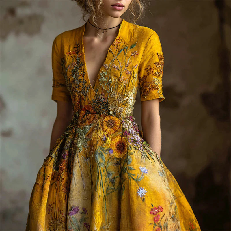 V-neck Long-sleeve Floral Lace-up Maxi Dress
