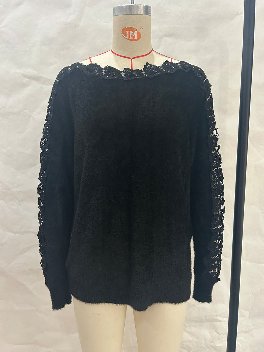Elegant Boat-neck Lace Stitching Sleeve Knitted Sweater