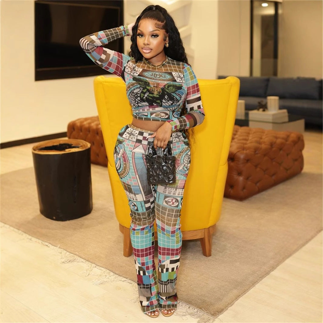 New Fashion Mesh Long-sleeve Cropped Top And Pants Set With Printed Design