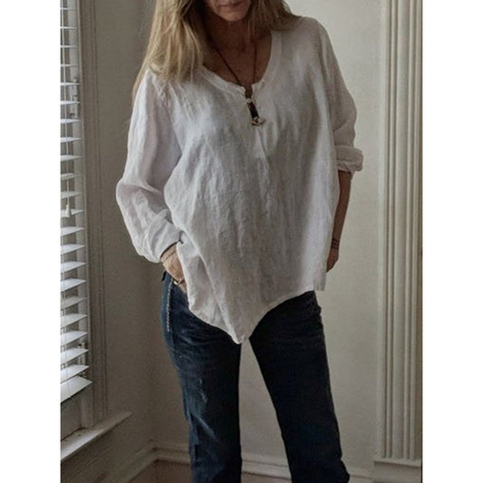 Women's Fashion Cotton Linen Loose-fitting V-neck Long Sleeves T-shirt