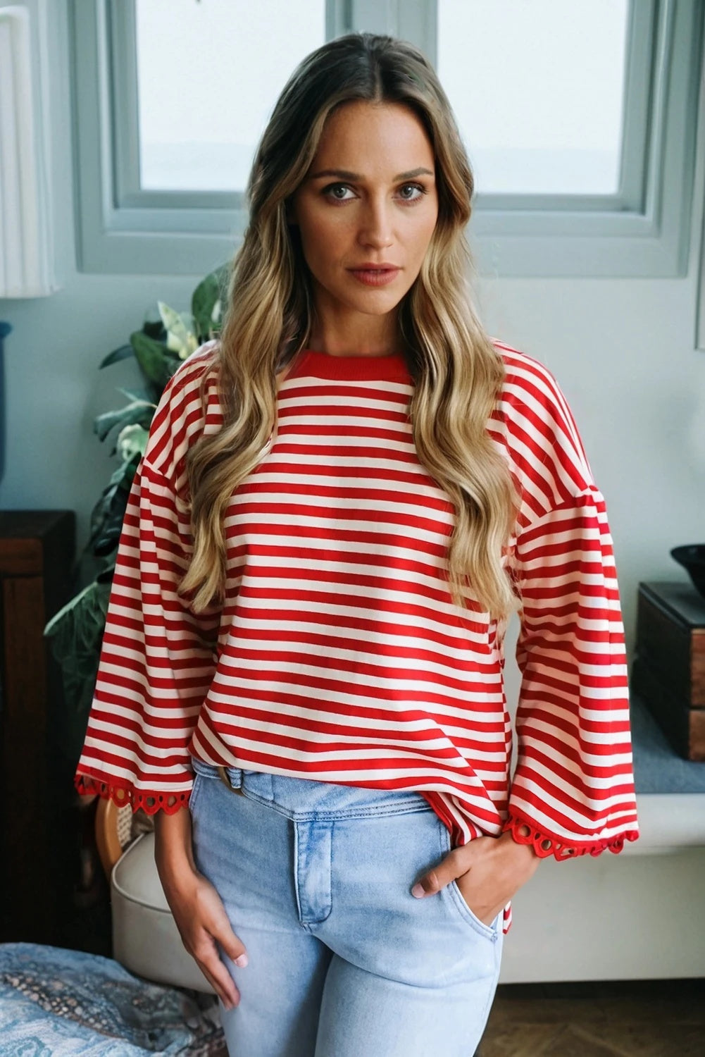 Fashion Striped Crew Neck Long Sleeves Women