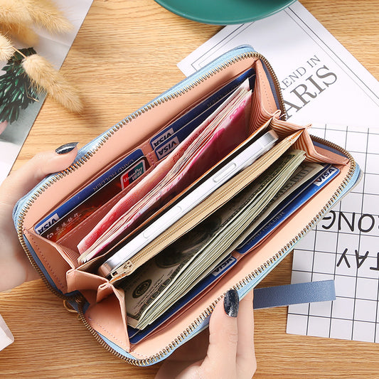 Contrast Stitching Long Women's Fashionable Large Capacity Zippered Wallet