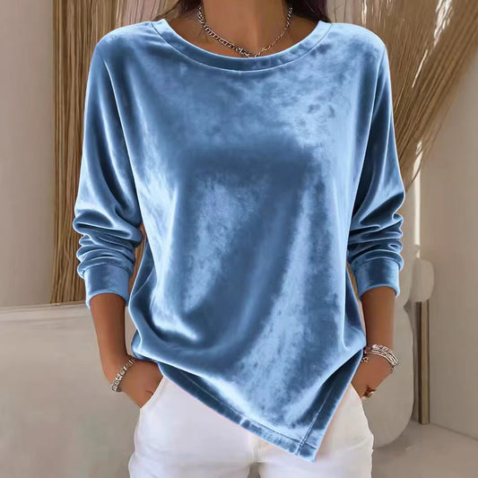 Womens Round-Neck Velvet Solid-Color Long-Sleeve Blouse