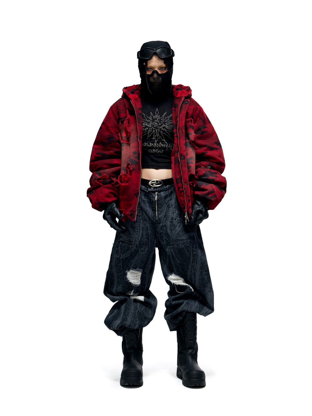Camouflage Checkered Perforated Hooded Red Distressed Cotton Jacket
