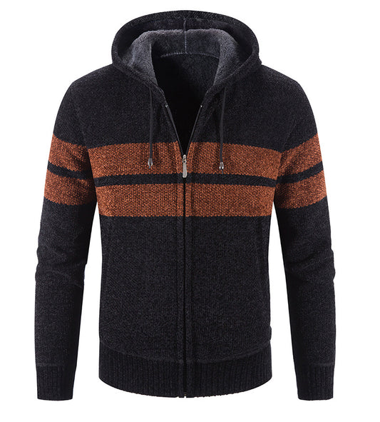 Hooded Striped Color-blocking Casual Plus Velvet Cardigan