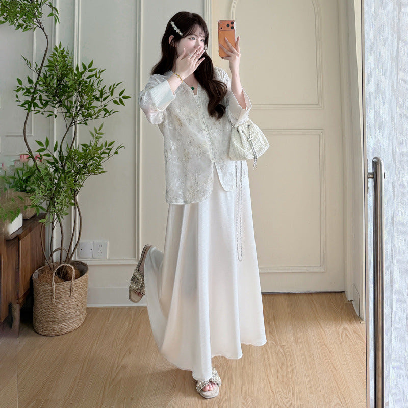Chinese-style Elegance Craftsmanship-Embossed Sun-Protective Shirt And Slip Dress Set