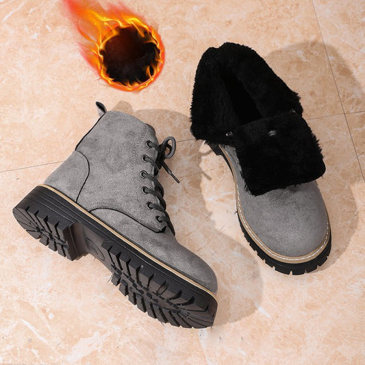 Front Lace-up Suede Ankle Boots With Fleece Lining