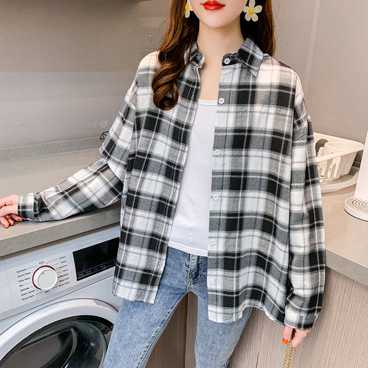 Plaid Long-sleeved Shirt Loose-fitting Versatile Outerwear Turn-down Collar Coat