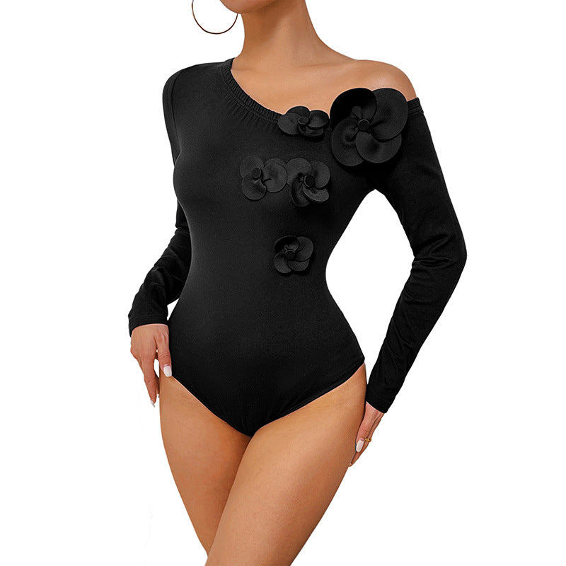Diagonal Collar Single-shoulder Suspender Long-sleeved Tight Jumpsuit
