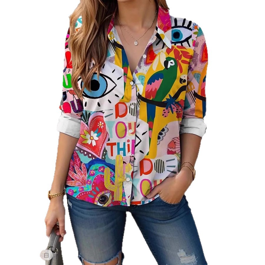 Womens Printed Lapel Long-Sleeve Shirt Top