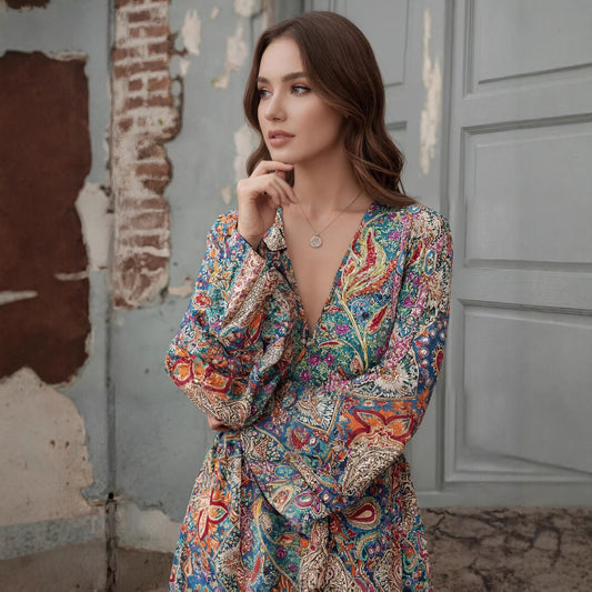 New Bohemian-style Fashion Casual Printed V-neck Womens Dress