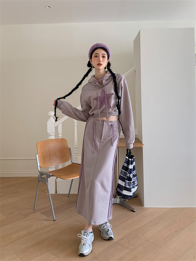 Retro Niche Fempunktsstjerne Hættetrøje Kort Lilla Sweater Dame