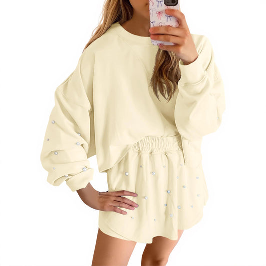 Womens Casual Long-sleeve Top And Shorts Set