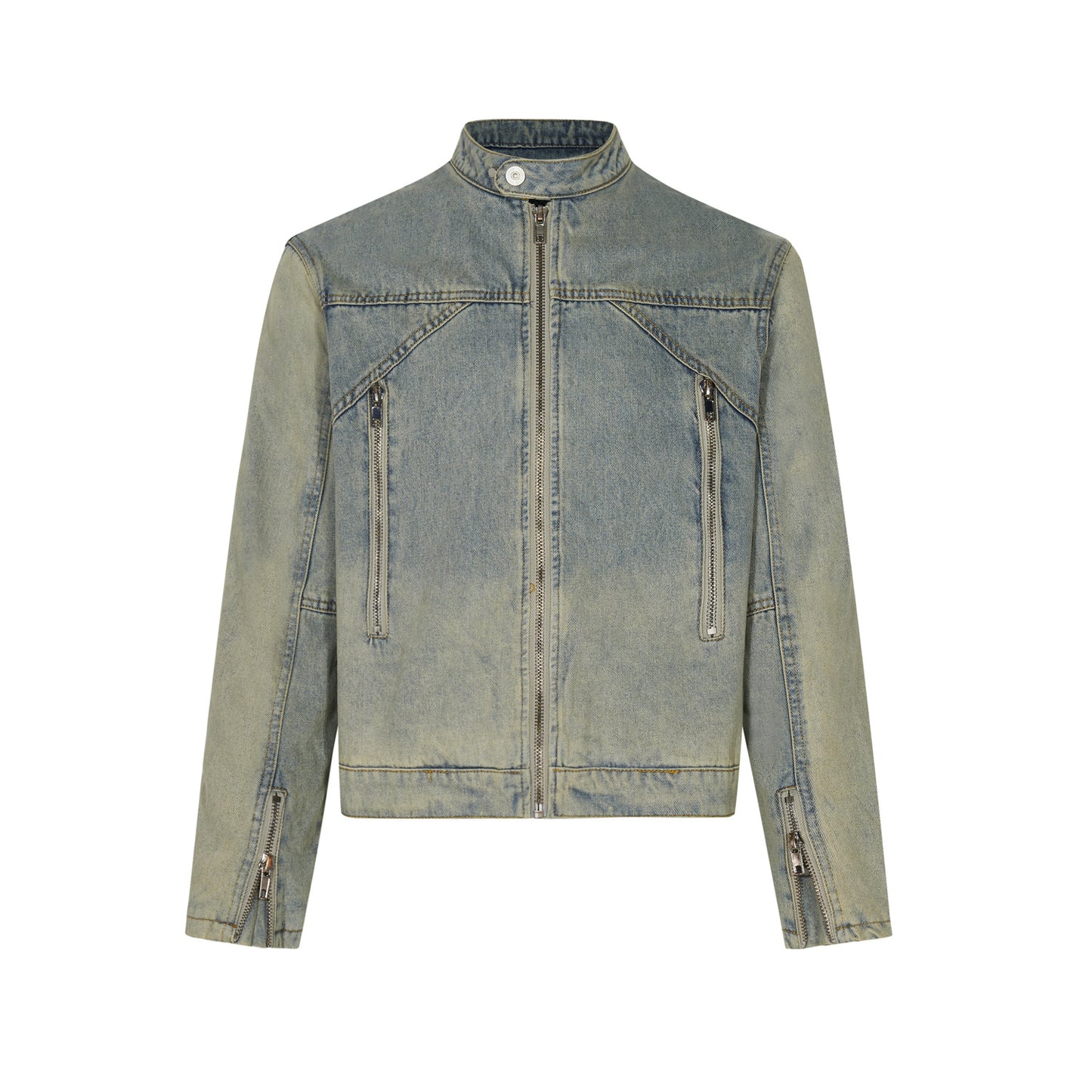 Washed Distressed Denim Jacket With Half Turtleneck Zipper