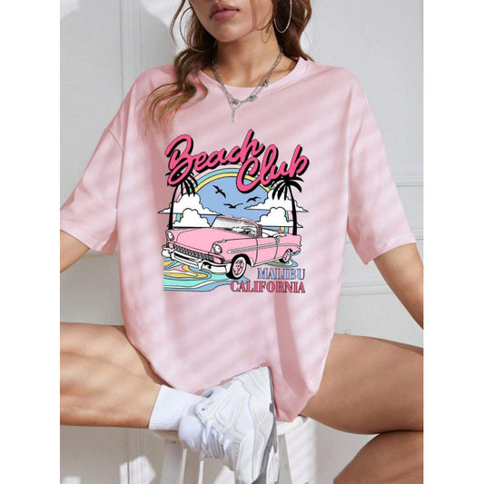 Retro Biker's Pink Loose Printed All-matching T-shirt