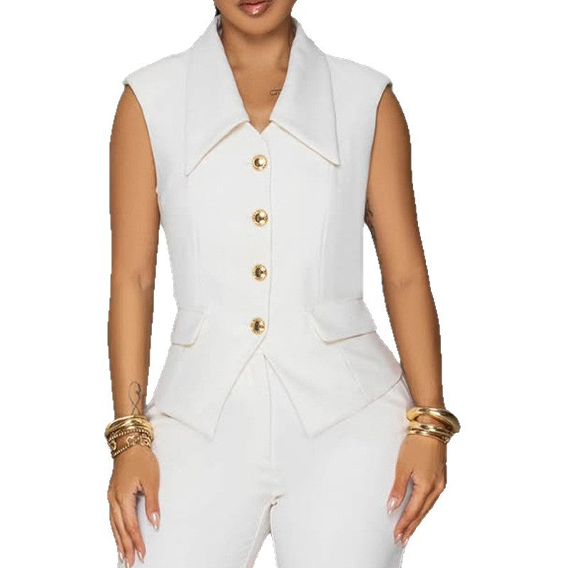 Womens Solid-Color Sleeveless V-Neck Blazer Shirt Top