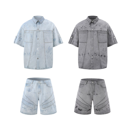 New Summer Retro Washed Denim Shirt And Shorts Set