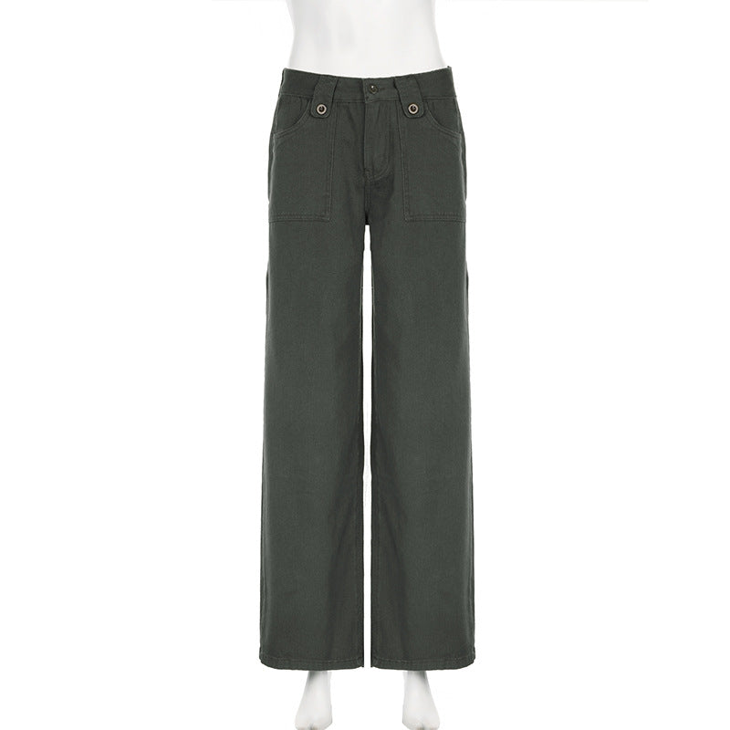 American Street Pocket High Waist Work Clothes Straight-leg Pants Women