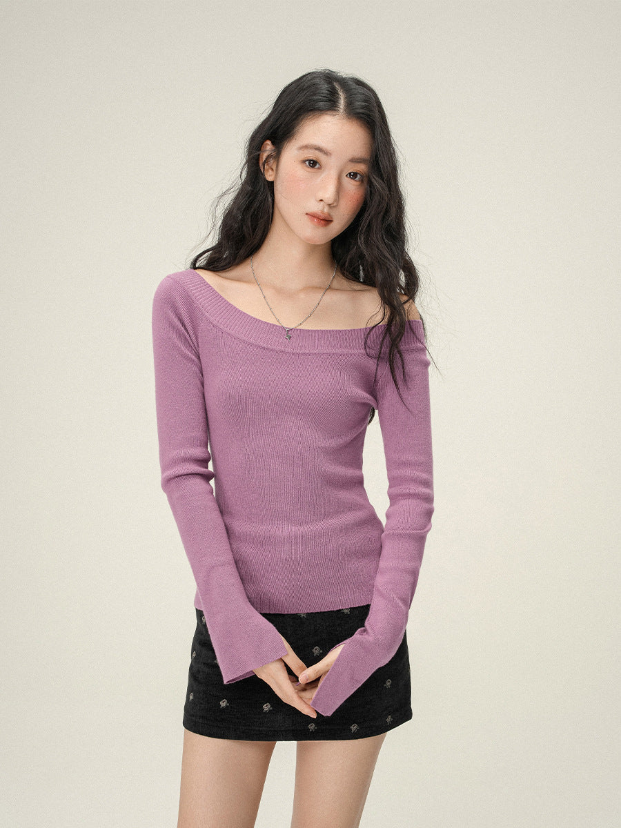 Pure Desire Oblique Angle Shoulder Soft Knit Sweater Base Shirt
