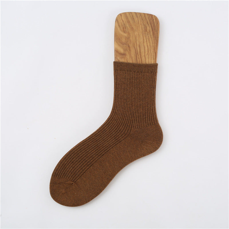 Japanese Retro Solid Color Double Needle Women's Mid-tube Cotton Socks
