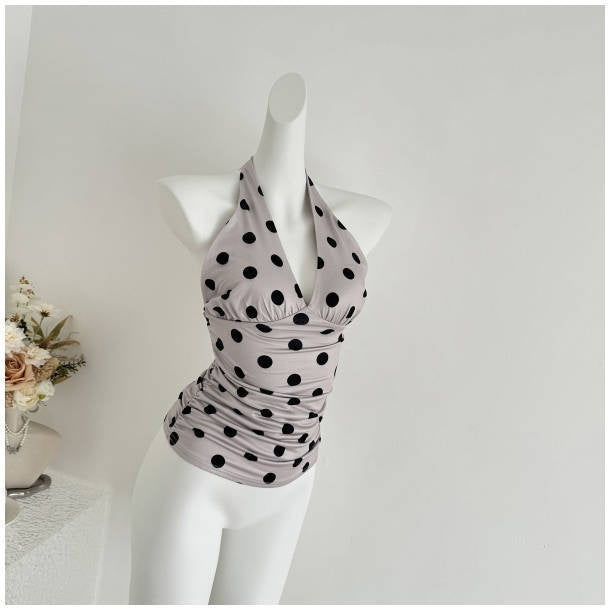 Sexy Hot Girl French Temperament Polka Dot V-neck Halter Tank Top