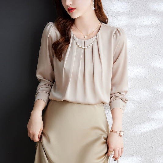 Acetate Satin Shirt Women's Long-sleeved Round Neck Pullover Professional Top Shirt