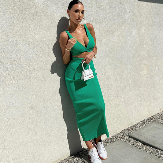 Womens Sexy Deep-V Tank Top And Skirt Set