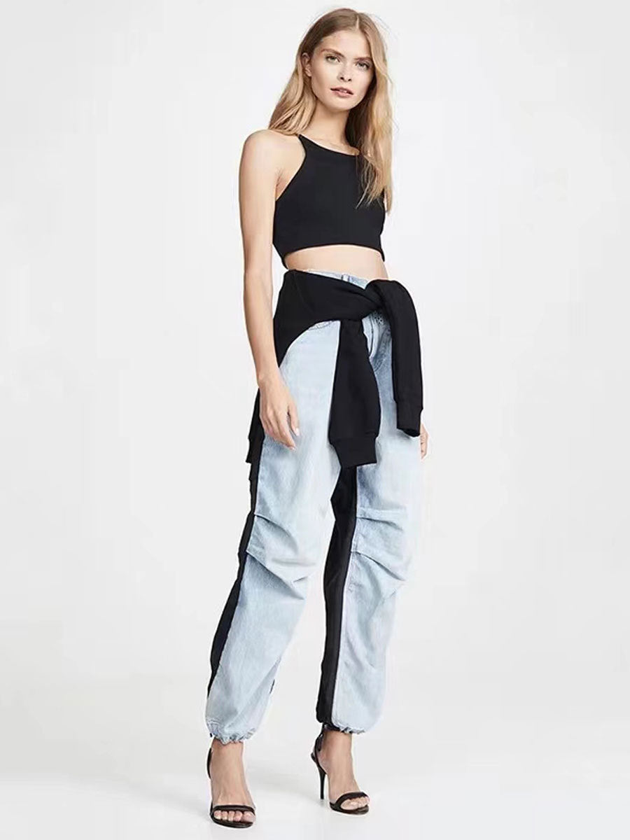 Personality Stitching Casual Jeans Elastic Overalls