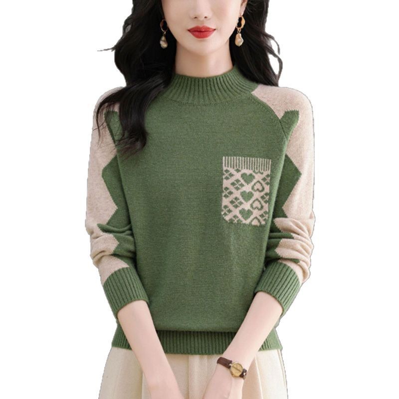 New FallWinter Half-High Round-Neck Colorblock Knit Sweater