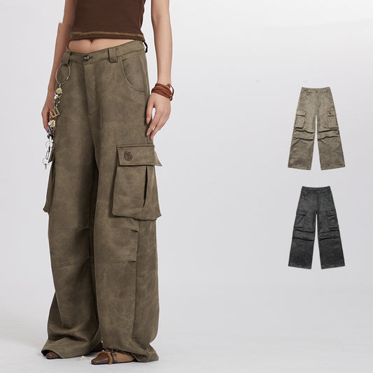 Pleated High Waist Retro Pocket Straight Wide Leg Overalls