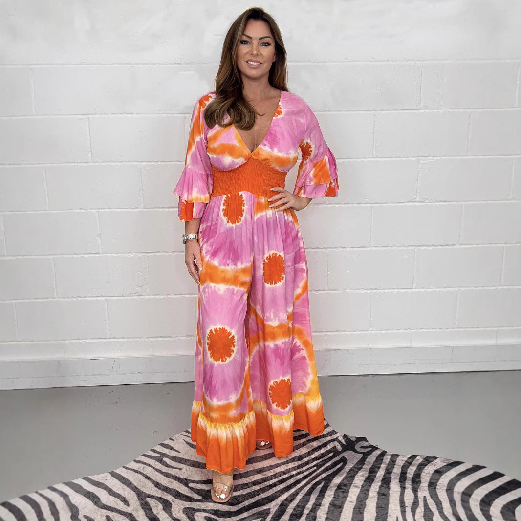 Women's Plus Size Tie-dye Printed Bell-sleeve Wide-leg Jumpsuit