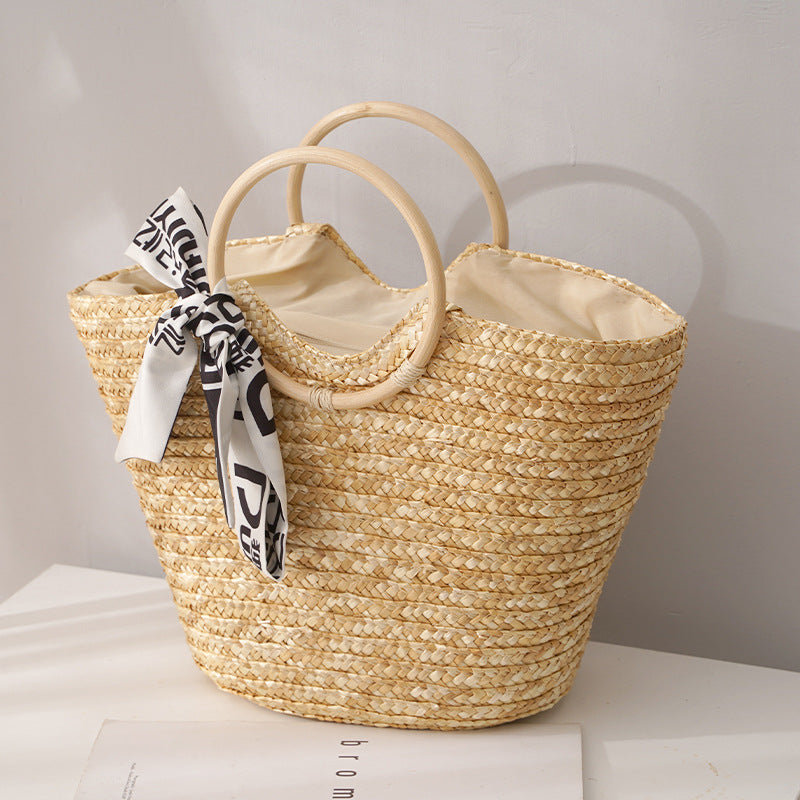 Women's Large Capacity Tote Bag Western Style One Shoulder Straw Woven