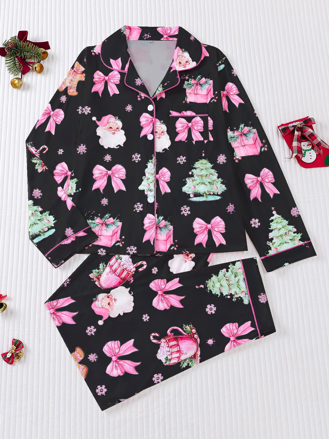 Women's Pajamas Four Seasons Christmas Printing Lapel Long Sleeve