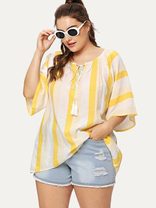 Women's Striped Half Sleeve Top Loose Crew Neck Fringe Belted Shirt