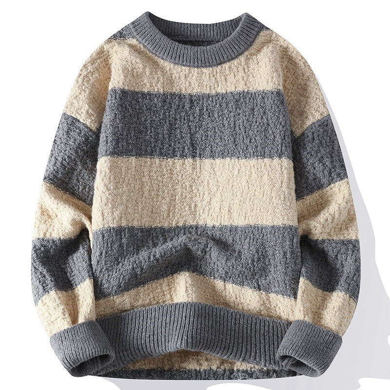 Vinterstribet rundhalset herresweater i kontrastfarver
